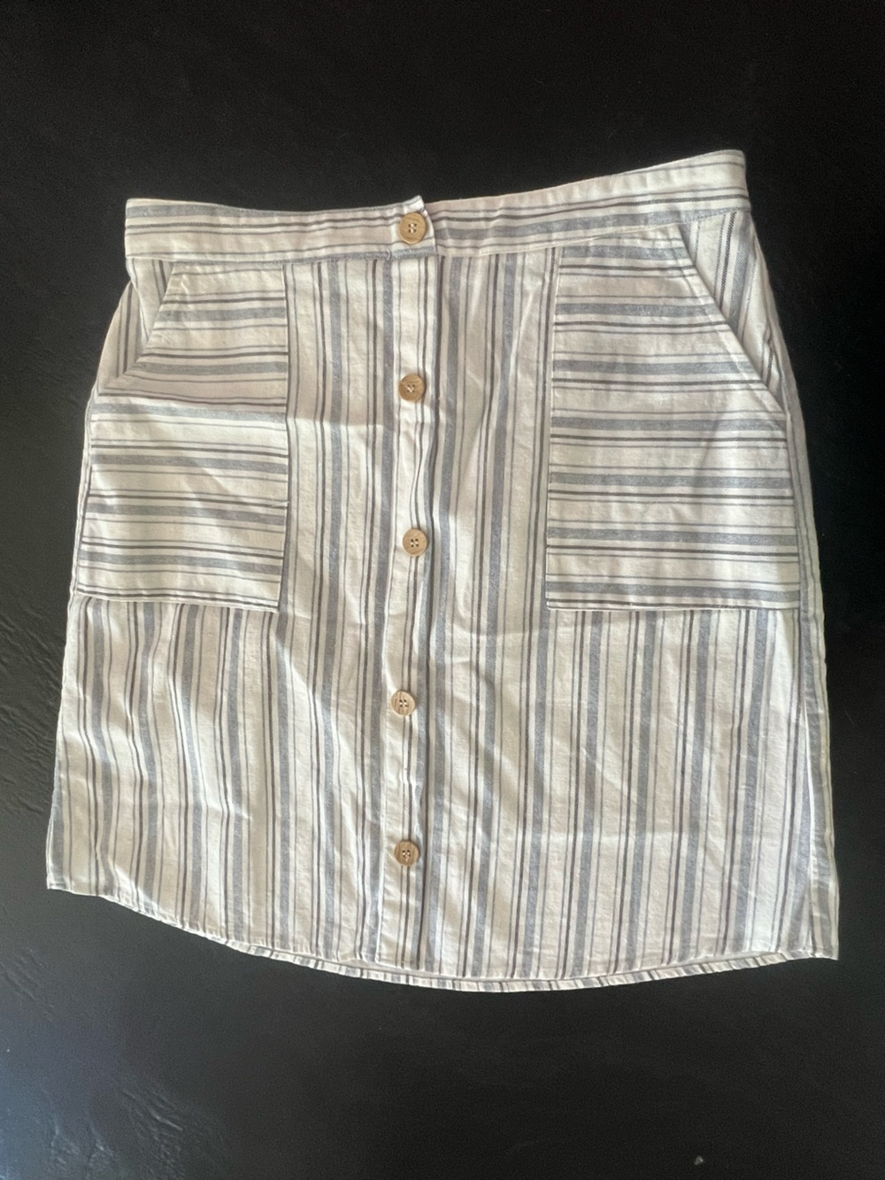 Potter's Pot Cream and Blue Striped A-Line Button Skirt